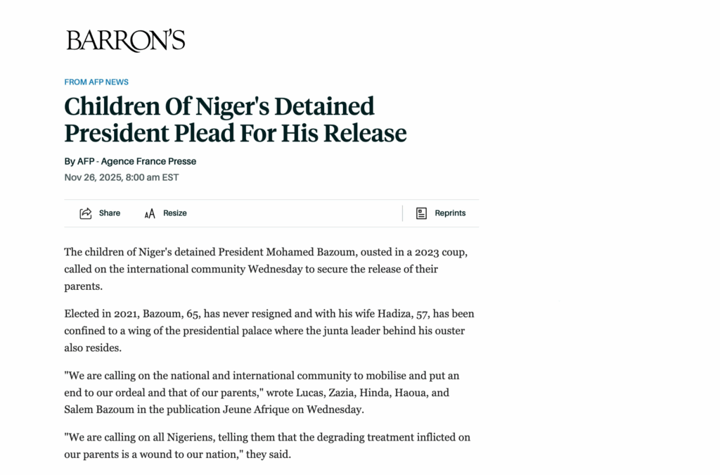 "We are calling on the national and international community to mobilise and put an end to our ordeal and that of our parents," wrote Lucas, Zazia, Hinda, Haoua, and Salem Bazoum in the publication Jeune Afrique on Wednesday.