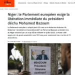 Le Parlement européen a adopté jeudi 12 mars une résolution réclamant la libération "immédiate et inconditionnelle" de Mohamed Bazoum